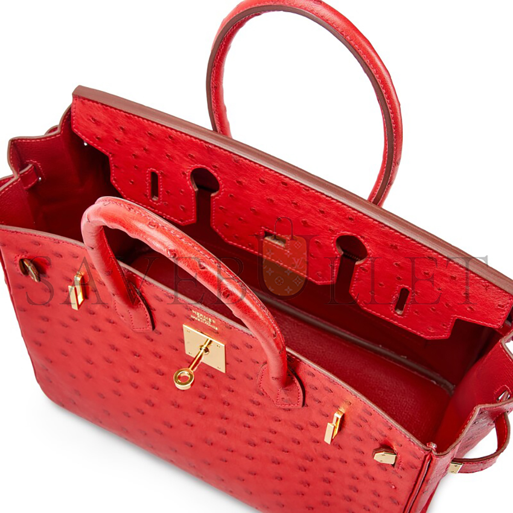 H**mes master birkin 30 ostrich leather red bag gold buckle h041933ck92 (30*22*16cm)